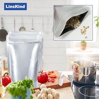 LinsKind 50Pcs Mylar Bags 1 Gallon, 10"x14"Mylar Bags with Oxygen Absorbers (50x500cc) for Food Storage, Zipper Resealable Heat Sealable Bag, Stand-up Smell Proof Large Mylar Bag with Labels