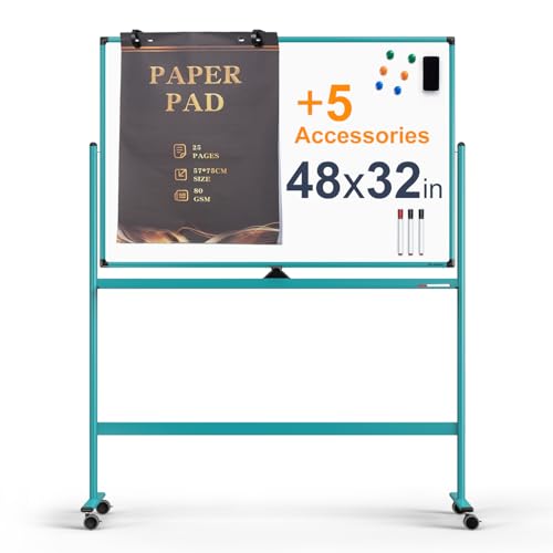 Image of Large Dry-Erase Rolling Magnetic Whiteboard - 48 x 32 Inches Dry Erase Board with Stand Height Adjust Double Sides Mobile White Board Easel on Wheels with 25 Sheets Paper Pad Office, Home & Classroom