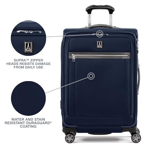 Image of Travelpro Platinum Elite Softside Expandable Checked Luggage, 8 Wheel Spinner Suitcase, TSA Lock, Men and Women, Dark Blue, Checked Medium 25-Inch
