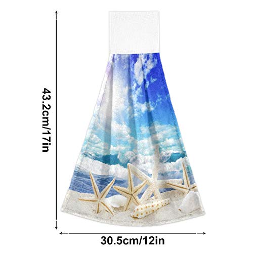 Summer Starfish Seashell Kitchen Hand Towels Wonderful Beach Holidays Hanging Towel Dishcloths With Loop 2Pcs, Soft Super Absorbent Fingertip Towel For Bathroom Washroom Guestroom Hotel 12X17 In #TOP1