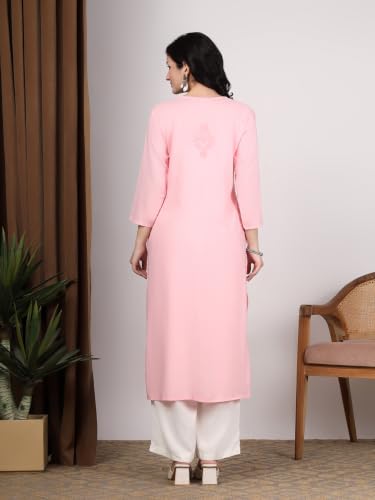 Image of Women Pink Ethnic motifs Embroidered Lucknowi Chikankari Long Kurti