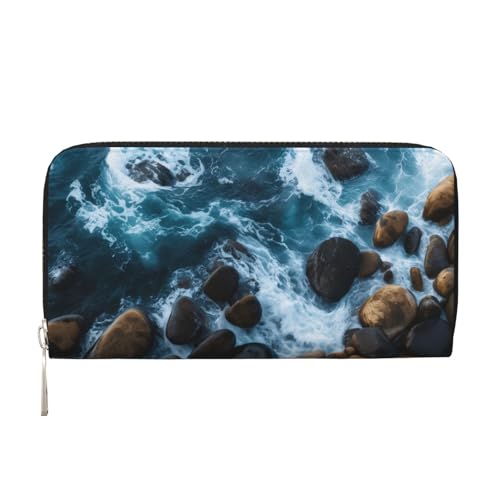 Sea Stones Printed Zip Around Long Wallet For Women Men Pu Leather Clutch Purse,Card Holder, Coin Pocket Stylish Travel Leather Billfold For Daily Use & Gifting