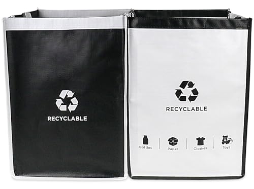 BOMEI PACK Recycling Bags White and Black with handle 2 Packs Reusable Storage Bag Separate Sorting Organizer Woven waste Bins bag 28 Gallon for Kitchen Home Office Easy clean