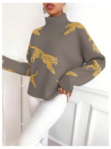 Image of WDIRARA Women's Leopard Tiger Print Sweater High Neck Long Sleeve Fuzzy Knitted Pullover Top