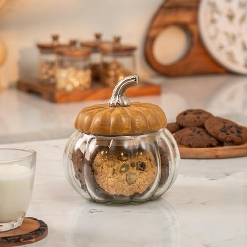 Image of Ember Glass Jar with Airtight Acacia Wood Lid | 650ml | 5.5 x 5.5 x 5.5 Inches | Handcrafted Glass Storage Jar for Cookies, Snacks, Candy, Spices & Dry Fruits | Decorative Kitchen Jar
