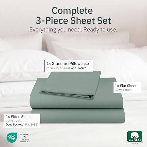 Image of Super Soft 100% Cotton Twin Bed Sheets, 3 Pc Set, Sage Green | Lightweight & Breathable For Hot Sleepers, All-Around Elastic, Durable, Easy Care, OekoTex Certified