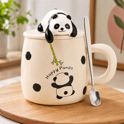 Image of BonZeal Panda Mug 450 ML Ceramic Coffee Mug with Lid & Spoon Gift for Kids