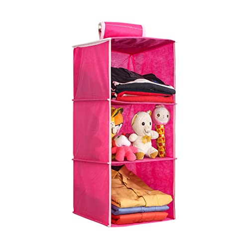 Image of PrettyKrafts 3-Shelf Fabric Hanging Wardrobe Organizer | Foldable Multipurpose Storage Almirah for Clothes, Shoes, & Toys | Space-Saving Closet Hanging Shelves with Engineered Wood Base (Pink)