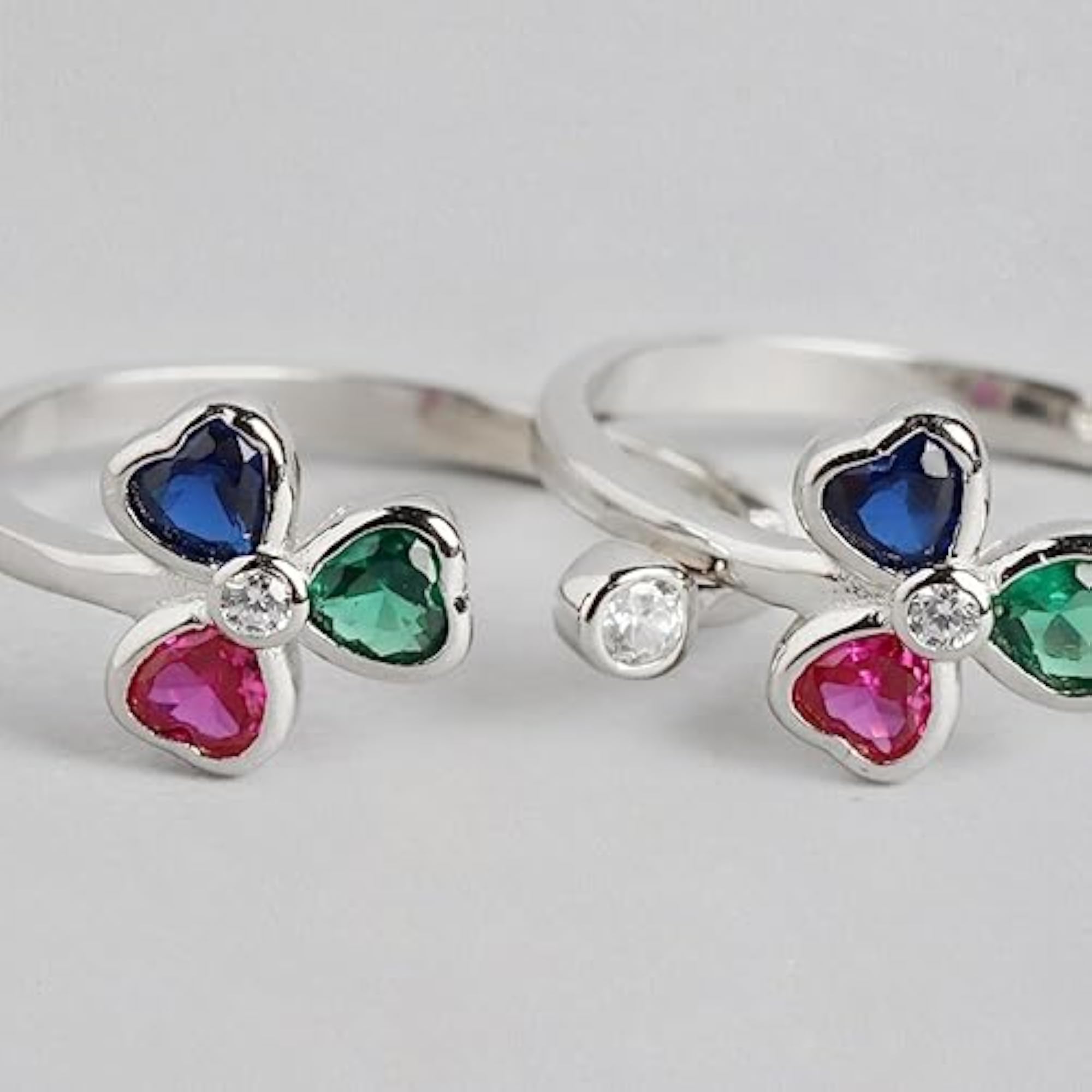 925 Sterling Silver Multicolour CZ Floral Lucky Clover Adjustable Toe Ring