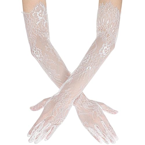 Nogeqi Lang Spitzenhandschuhe Weiß Spitze Handschuhe Lang Weiße Blumen Spitzen Vintage Abendhandschuhe Damen 1920er Long Lace Gloves für Braut...