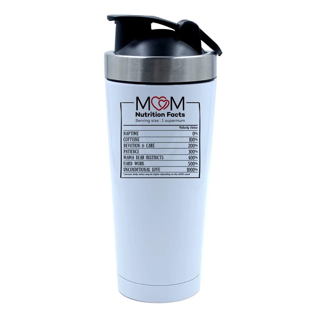 Getagift White 500Ml Aluminium Shaker Bottle For Supplement Shakes - Easy Clean, Durable Cup Mothers Day, Mom Nutrition Facts Mug, Christmas, Birthday, Mum, Mommy, Mummy. (White)