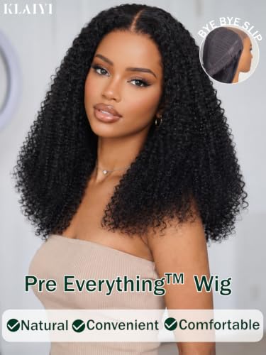Image of KLAIYI Bye Bye Slip 4C Kinky Curly Glueless Precut 7x5 Lace Front Wigs Human Hair with Curly Edges Drawstring Pre Plucked Bleached Knots Pre Everything 30S Ready to Put On and Go Beginners Wig 16Inch