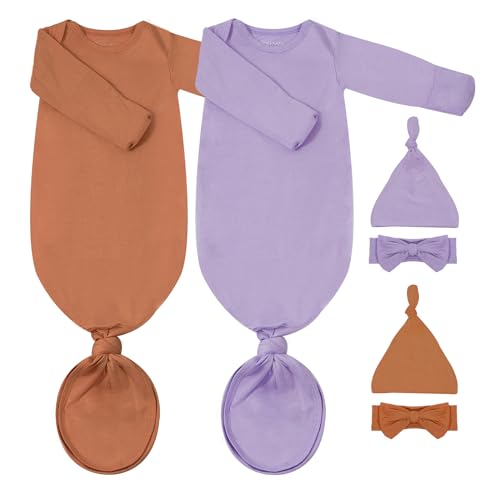 Image of COOZYNANA Newborn Baby Knotted Gown, Soft Breathable Baby Sleep Gown with Hat & Headband for Boys Girls