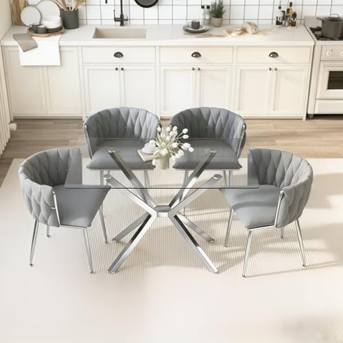 Image of Silver Glass Dining Table Set for 4 with 47.2 inch Rectangular Tempered Glass, 5 Pieces Kitchen Table Set with 4 Comfortable Velvet Chairs for Living Room, Apartments Small Place, Cafe (Grey Chairs)