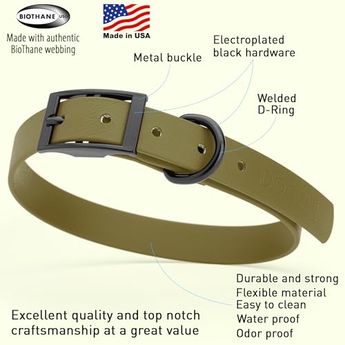 Image of Dogline Biothane Waterproof Dog Collar Strong Coated Nylon Webbing with Black Hardware Odor- Proof for Easy Care Easy to Clean High Performance Fits Small Medium or Large Dogs, Olive Drab Green