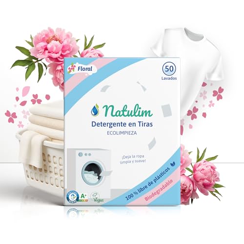 Natulim - Detergente en Tiras para Lavadora (50 Lavados) - Incluye efecto Suavizante, Ecológico, Hipoalergénico, Made in Spain - Ropa limpia y suave sin ensuciar el Planeta (Fragancia Floral)
