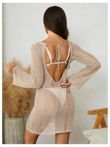 Image of Floerns Women's Crochet Cover Up Long Sleeve Hollow Out Bikini Swimsuit Beach Cover Up Swimwear