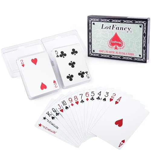 LotFancy Playing Cards, 100% Plastic, Waterproof - 2 Decks of Cards with Plastic Cases, Poker Size Standard Index, for Magic Props, Pool Beach Water Card Games
