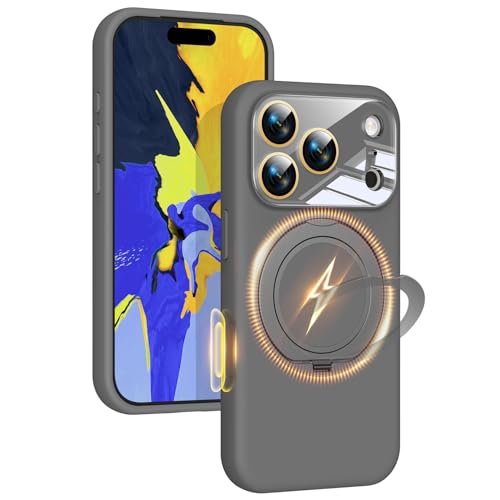 Image of Silicone 360 Spin Magnetic Stand Case for iPhone 17 Pro, [Compatible with Mag-Safe][Reinforced Hard Camera Protection] Liquid Silicone Rubber Phone Case Cover with Ring, Camera Button, Slate Gray