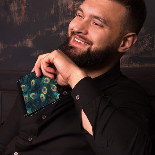 Beautiful Peacock Feathers Cute Slim Bifold Wallet for Men Stylish Front Pocket Purse with Card Holder Slots4