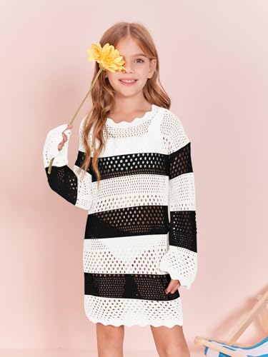 Image of Batermoon Girls Crochet Long Sleeve Swimsuit Cover Up Kids Fashion Hollow Out Swimwear Beach Dress 5-14 Years