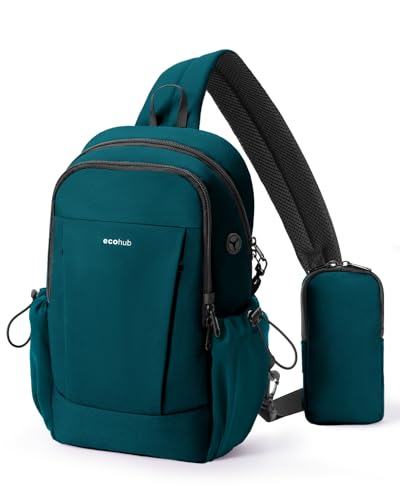 ECOHUB Sling Bag Unisex Anti-Diebstahl Brusttasche mit RFID Schutz 4-fach Sicherheitssystem wasserdichte Crossbody Umhängetasche mit 9 Fächern leicht & kompakt für Alltag Reisen(BlauGrün)