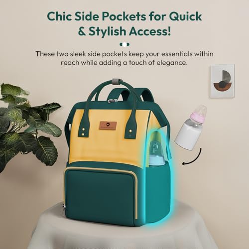 Image of StarAndDaisy Baby Bag for Mother Travel / 30L Lightweight Diaper Bag with 3 Insulated Bottle Pockets /Maternity Bag for Mother for Travel & Diaper Bag for Baby - Dark Green Yellow