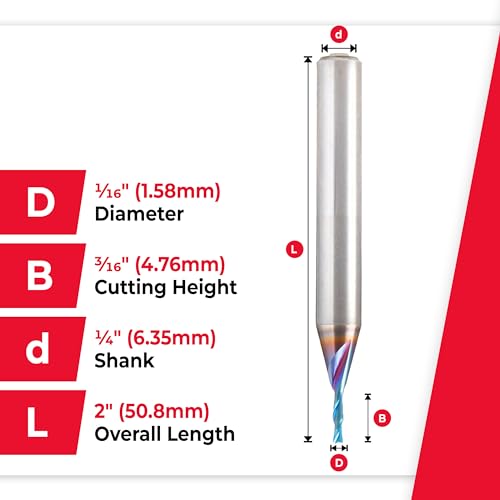 Image of Amana Tool Solid Carbide Spektra Extreme Tool Life Spiral Plunge Router Bit Down-Cut, 46213-K, 1 /16 Dia x 1 /4 CH x 1 /8 Shank 2 Inch L