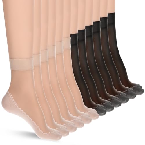 Image of 12 Pairs Sheer Socks Women Ankle Nylon Socks For Women Summer Anti-Slip Ankle Stockings Hosiery Reinforced Bottom And Toe Black Nude