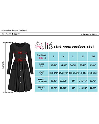 KILIG Women's Dresses Long Sleeve Casual Button Down Swing Dress with Pockets(D2-Black,XX-Large)