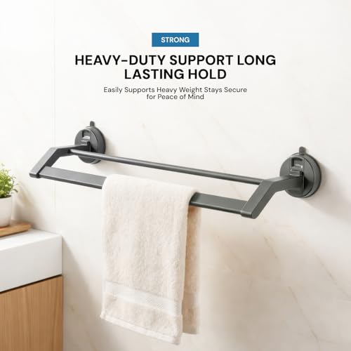 Image of Amazon Basics Suction Towel Holder for Bathroom - Rust - Free Powder Coated Wall Mounted Towel Rack No Drill Towel Rack Modern Bathroom Accessories Organizer Grey
