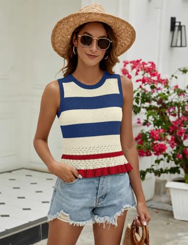 Image of VIMPUNEC Womens Crochet Crop Tank Tops Sleeveless Knit Sweater Vest Ruffle Hem Summer Top