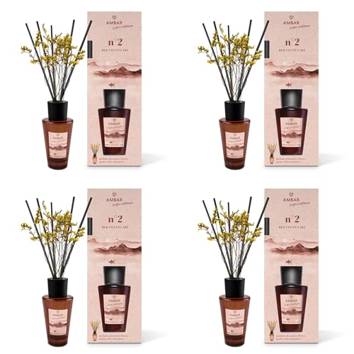 Pack 4 Ambientadores Mikado Ambar Signature nº2 Red Velvet Cake 85 ml | Difusor de Varillas con Flor Decorativa | Aroma Frambuesa, Pera Almizcle y Vainilla | Fragancia Dulce para Hogar