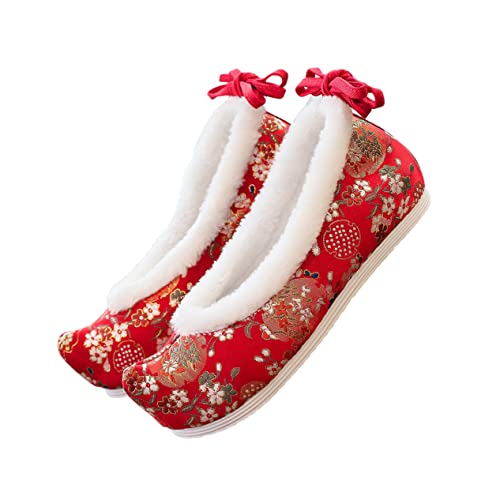 Beavorty Scarpe Hanfu Ricamate in Stoffa Zeppa Nascosta, Traspiranti e Leggere, Scarpe Basse Stile Cinese da Donna per Uso Quotidiano e Regalo, Taglia 38 Rosso