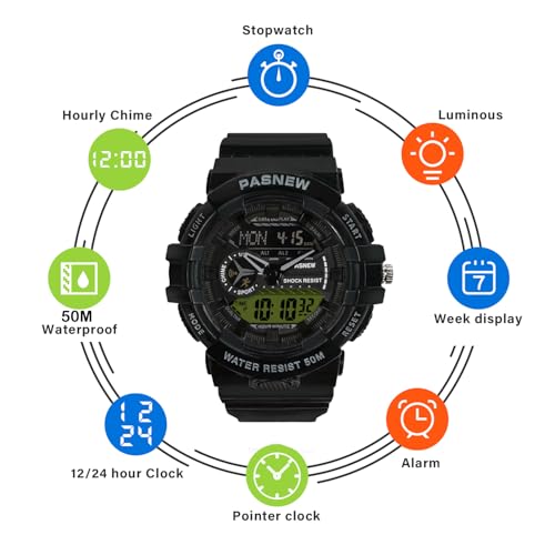 Image of PASNEW Boys' Watches - Dual Display, Large Dial Sport Watch, Black Outdoor Watch for Boys & Teens - Waterproof