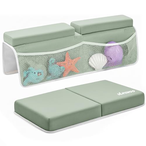 Image of UBRAVOO Baby Bath Kneeler with Elbow Rest Pad, Non-Slip Foam Mat, Quick-Drying Cushion, Foldable Bathtub Support with Toy Storage Pockets for Parents (Green)