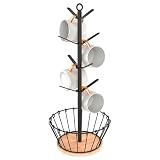 simesove Coffee Cup Holder with Basket, Non-Slip Cup Tree with 8 Hooks for K-Cups and Saucers, Wooden Stand Organizer for Counters, Bars and Kitchen Home Decor (Natural)