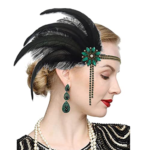 IYOU 1920s Feather Flapper Headpiece Green Crystal Gatsby Headband Prom Wedding Hair Accessories for Women - Image 4