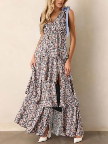 Image of Wenrine Womens Summer Floral Maxi Dress Tie Strap Sleeveless V Neck High Slit Boho Ruffle Tiered Beach Dresses