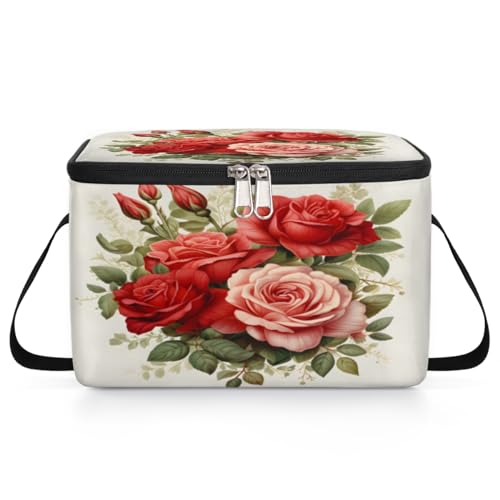 GzLeyigou Blooming Red Roses Lunch Bags for Women Men 9 Cans, Hot & Cold Food Delivery Bag Insulated Grocery Bag Insulated Lunch Box Flowers Cooler Bag for Office Work Picnic Beach