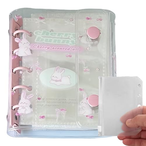 シール帳 透明 女の子 M5かわいいダブルボタン透明PVCソフトケース クリアバインダー シール帳 5穴 はがせる かわいい おしゃれ シールを見えるまま収納 防水耐汚れ素材 透明ステッカーノートカード収納、小物整理、女の子に最適なギフト