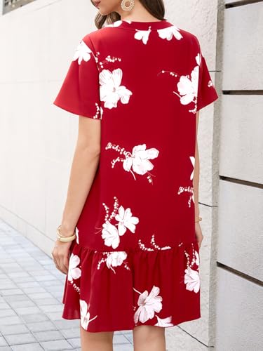Image of Imysty Womens Polka Dot V Neck Button Down Ruffles Loose Mini Short T-Shirt Dress
