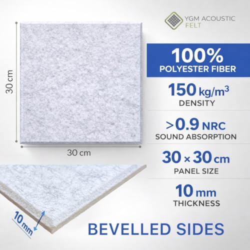 Image of YGM Acoustic Foams Luxury PET Felt Acoustic Self Adhesive Panels, 10 MM Thick, Sound Absorbing Panels for Wall | Room Noise Reducer & Sound Dampening (Marble White, 1x1 Foot - 16 Panels)