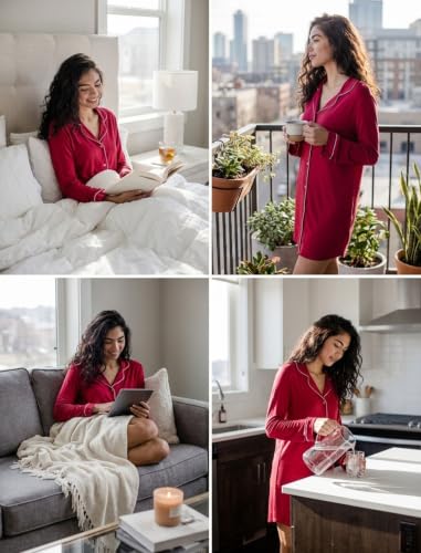 Image of Pjmlifecoco Nightgown for Women Button Down Sleepshirt Long Sleeve Nightdress Soft Modal Sleepwear S-XXL