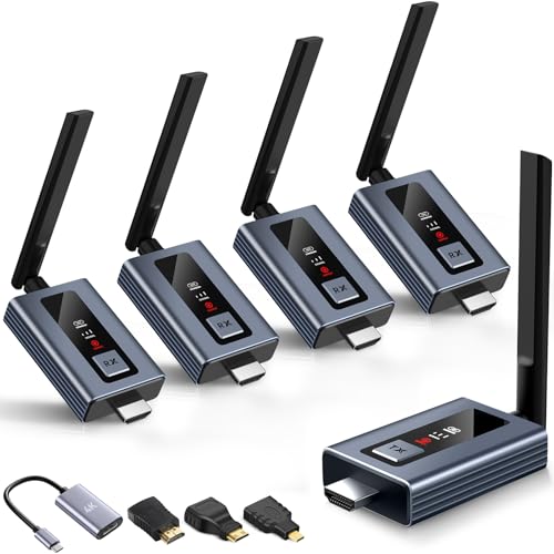 Lielyhod Upgraded Wireless HDMI 4 Receivers and Transmitter with LED Screen, Up to 6 RXs,165FT Plug & Play 1080P HD Output 5.8GHz Extender for TV Box/Laptop/Projector/Camera to Multiple Screens