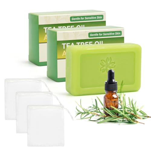 3 PCS Antifungal Tea Tree Soap Bar, Natural Tea Tree Oil Soap for Face Body Hand-Fights Acne, Athlete's Foot, Relieves Fungal Skin, Controls Oil, Prevents Breakouts, Soothes Fresh Skin (3, Green)