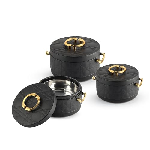 Image of CELLO Ornetto Big Set of 3 Pcs Insulated Steel Casserole Hot Box for Kitchen, Black (1500ml, 2000ml, 2500ml) | Airtight Hot Pot Case Keeps Food Hot & Warm, Casserole Set for Roti Chapati Rice Biryani