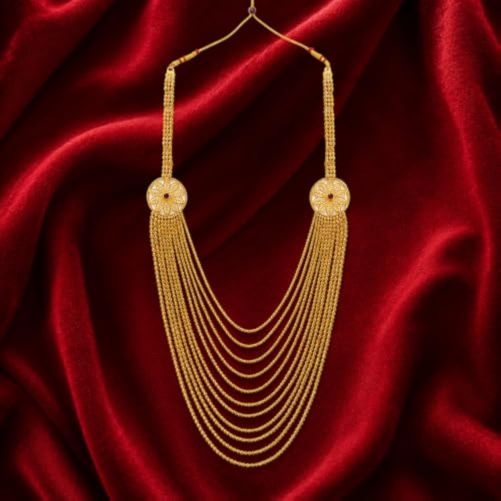 Trending Finish Multi-Layer Beaded Long Necklace with Red Stone Stud