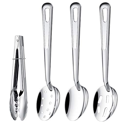 4 Pieces 13 Inch Stainless Steel Perforated Spoon Basting Spoons Slotted Spoon Serving Tongs Set for Solid Spoon Buffet Banquet Cooking Kitchen Supplies