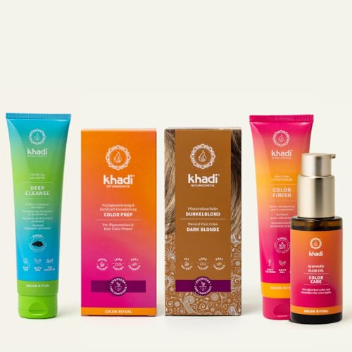 khadi ColorCycle RUBIO OSCURO CENIZA Kit completo - Tinte vegetal para el cabello + DEEP CLEANSE Champú clarificante ayurvédico + COLOR FINISH Acondicionador para después del tinte + Aceite capilar CO